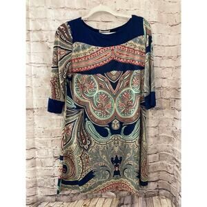 Gilli Dress Womens Medium Shift Navy Blue Paisley Long Sleeve Boat Neck Stretch